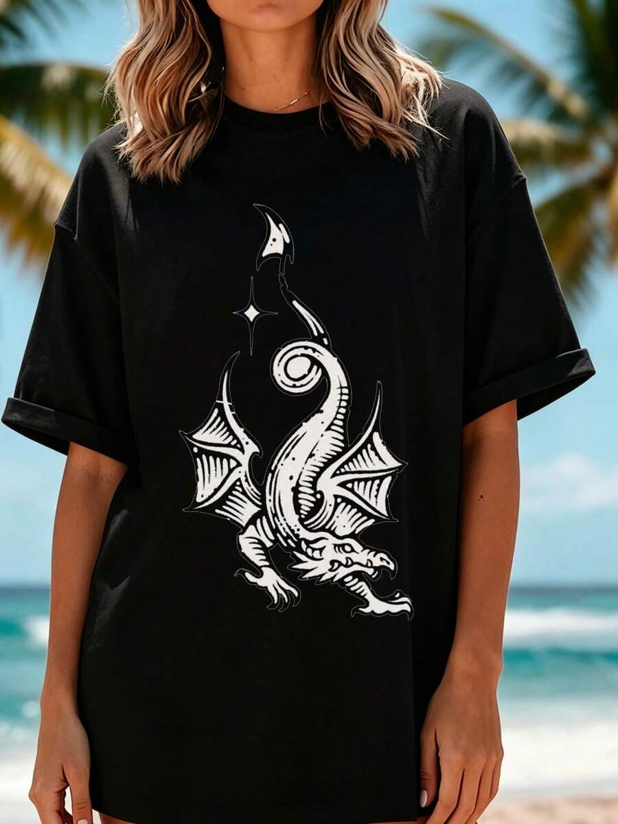 Oversized Short-Sleeve T-Shirt With White Dragon Graphic, Vintage Fantasy Woodcut Design For Gothic & Fantasy Fans - Black - View 1
