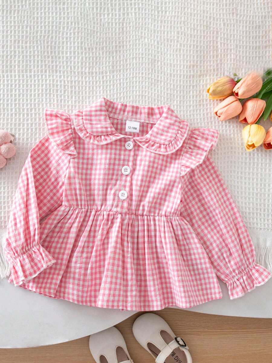 1pc Young Girl) Cute Peter Pan Collar Long Sleeve Plaid Shirt, Thin Fabric, Spring/Autumn - Pink - View 1