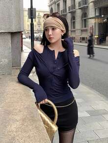 Kaos Rajut Lengan Panjang 2-in-1 Wanita, Atasan Lapisan Dasar Slim Fit yang Menawan, Musim Gugur - Navy Blue - View 8