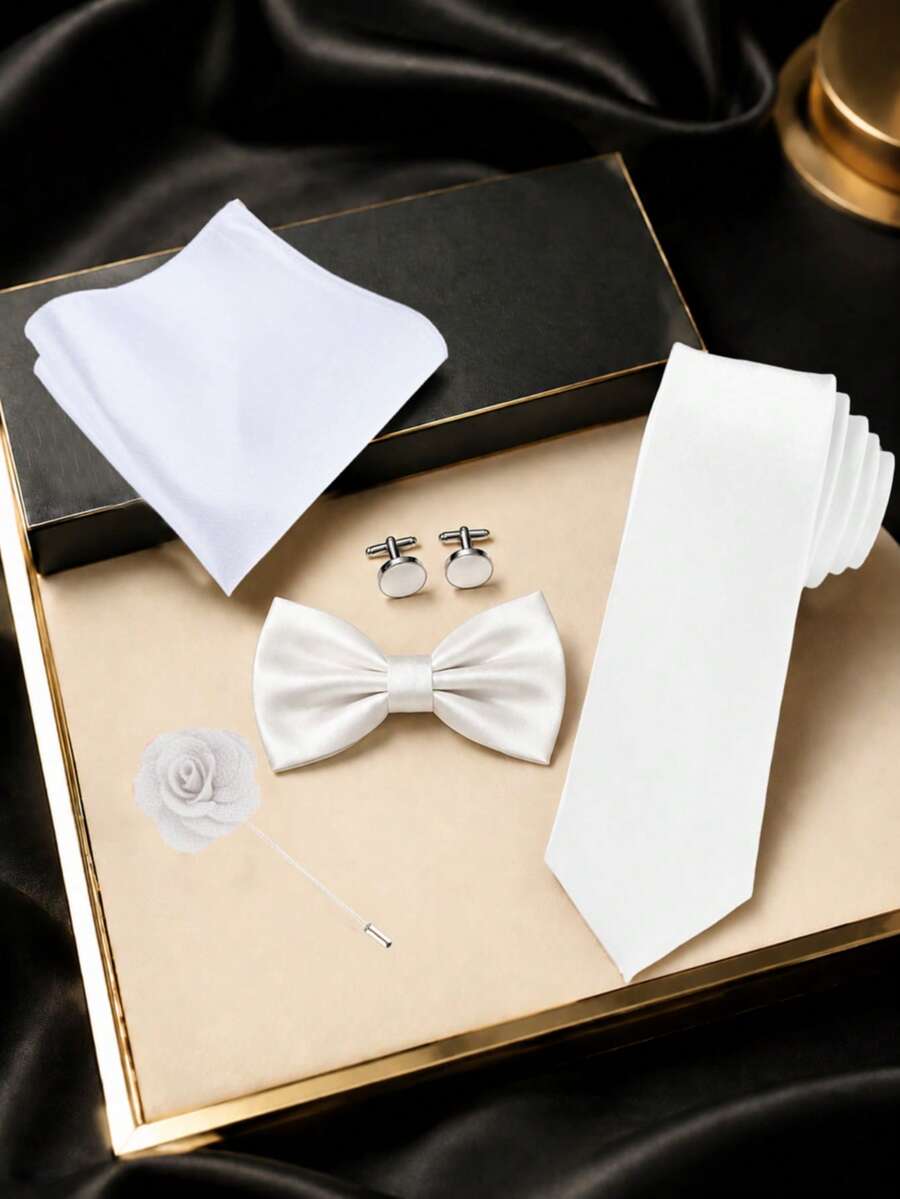 Bộ phụ kiện cà vạt màu trơn 1 set gồm cà vạt, nơ điều chỉnh được, khăn túi, ghim cài áo và khuy măng sét, khăn tay, nơ thắt sẵn - trắng - Xem 1