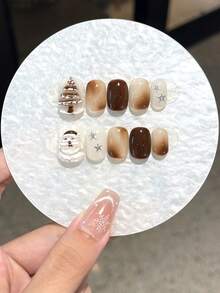 10pcs Y2K Christmas Handmade Press-On Nails, 3D Christmas Tree & Snowman Design, White High-Quality Appearance, Short Square Shape, Suitable For Women's Daily Wear And Party Outfits [Christmas Limited Edition] - Multicolor - View 11