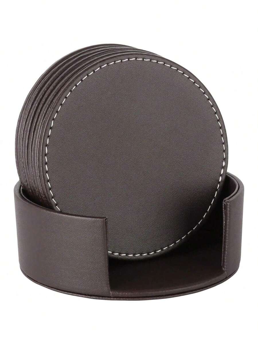 6pcs Round Leather Coasters, 4 Inch, Handmade Premium PU Leather, Non-Slip Design, Suitable For Home Decor And Kitchen Use, Housewarming Gift - Multicolor - View 1