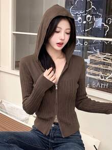 Korean Style Casual Hooded Zip-Up Knit Sweater, Slim Fit Flattering Textured Long Sleeve Top, Versatile Outerwear, Can Be Worn Alone Fall - Brown - View 5