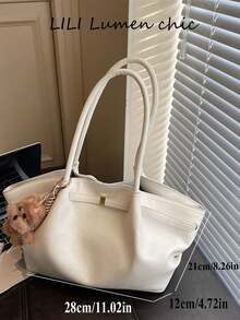 Atmospheric Large Capacity Tote Bag, Soft Relaxed Body With Extended Handle, Metal Buckle Decoration On Front, Can Be Paired With Fun Charms. Open Design For Easy Access, Ample Internal Storage Space, Simple And Elegant Style, Suitable For Commuting And Daily Outings, Compatible With Various Daily Outfits. - White - View 2