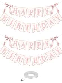 3/2/1 Set Pink Happy Birthday Banner With Bow, Wavy Edge Bunting For Girls Princess Theme Party Decor - Pink and White - View 9