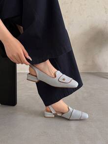 French Vintage Square Toe Slingback Flat Sandals For Women, Contrast Trim Metal Buckle Loafers, Canvas & Leather Commuter Vacation Street Style Versatile Shoes - Blue-gray - View 6
