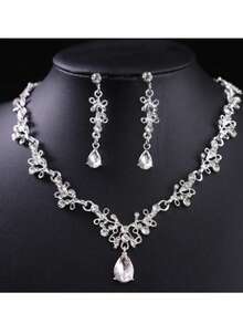 3pcs Bridal Earring & Necklace Set, Wedding Decoration, Bridal Gown Matching, Bridal Set, High-End Party - Silver White Diamond - View 1
