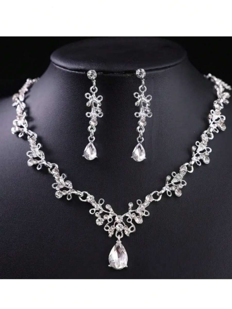 3pcs Bridal Earring & Necklace Set, Wedding Decoration, Bridal Gown Matching, Bridal Set, High-End Party - Silver White Diamond - View 1