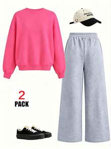 2pcs Girls Casual Set, Includes "BROOKLYN" Print Crew Neck Sweatshirt + Casual Pants, Soft And Comfortable, Suitable For Autumn/Winter Wear - Multicolor - View 3