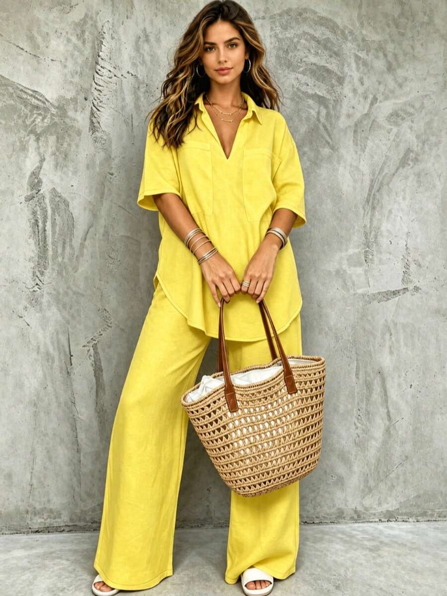 HUTENER 2pcs Plus Size Casual Solid Color Loose Polo Collar Top (With Pockets) + Wide Leg Pants, Suitable For Spring, Summer & Autumn - Yellow - View 1