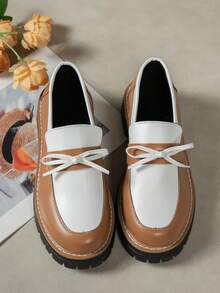 Women's Brown Thick Sole Mid-Heel Slip-On Round Toe Loafers With Bow Decor, Fashion Commuter Casual Shoes - Brown - View 3