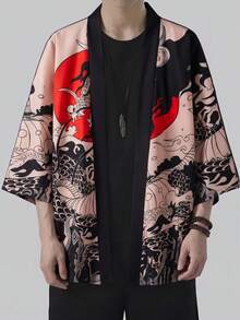Chinese Style Retro Loose 3/4 Sleeve Dragon Robe Kimono Cover Up, Summer Niche Design Street Style Graphic Beach Cover-Up Sunscreen Jacket - Black - View 4