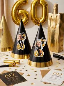 7/14/21pcs Customized Photo Milestone Birthday Stickers, Personalized Face 60th Birthday Decals, Black & Gold Balloon Formal Design, Self-Adhesive Gift Bag Stickers, Adult 60th Birthday Party Favor Decorations - Multicolor - View 6