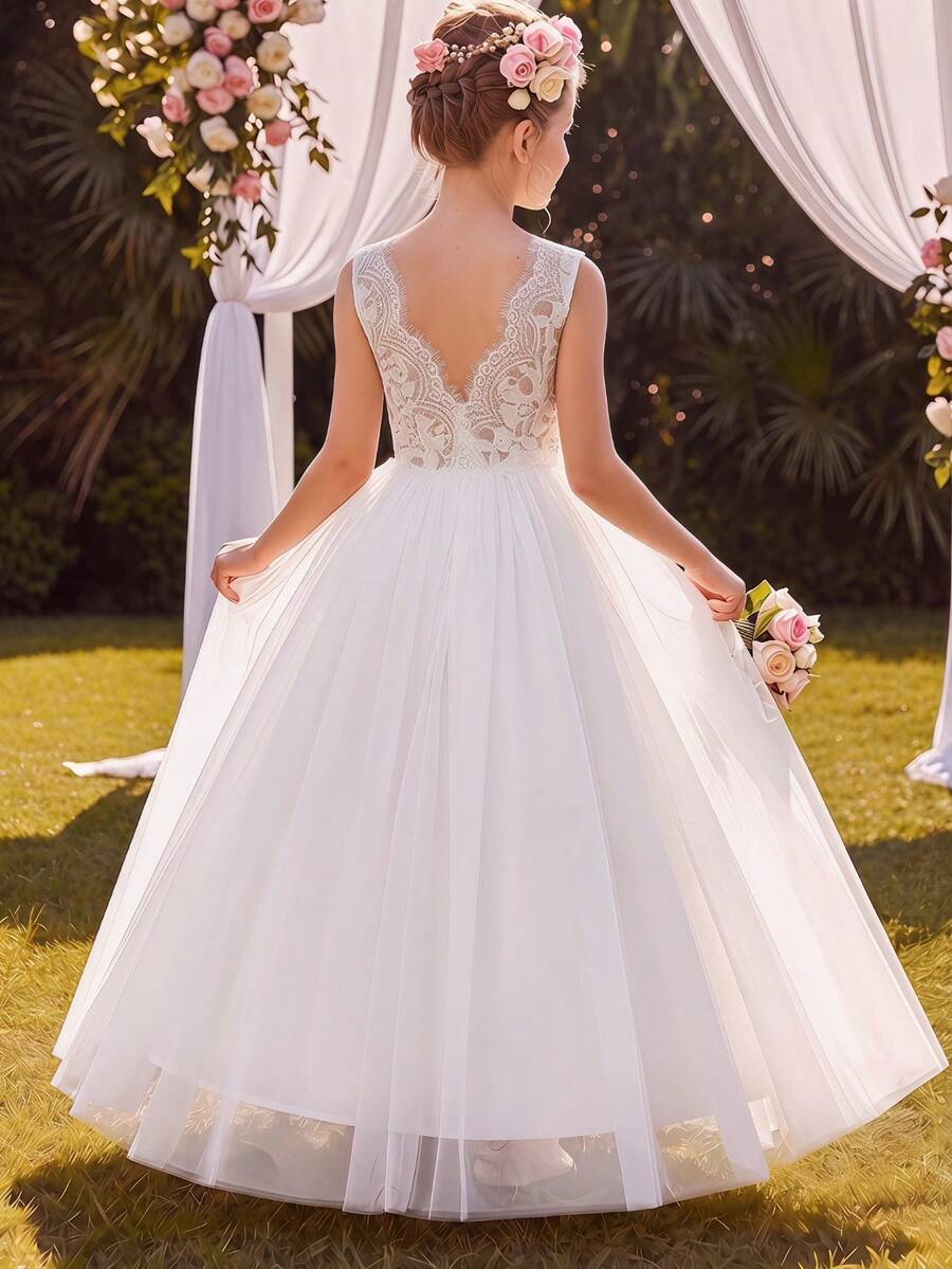 Tween Girl White Lace Contrast Mesh Sleeveless A-Line Dress, Flowergirl Wedding Party Evening Gown - White - View 1