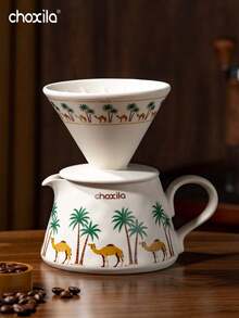 choxila 2pcs/Set Camel & Palm Tree Print Ceramic Coffee Dripper Set, Vintage Pour-Over Coffee Dripper And Server, Home Barista Coffee Brewing Kit, Aesthetic Desktop Decor - Coconut Tree Camel Ceramic Coffee Pot Set - View 3