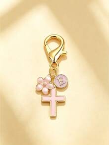 1pc New 26 English Letter Optional Enamel Drip Oil Cross & Cherry Blossom Pendant, Gold Lobster Clasp Detachable Bag Charm, Girls' Portable Key Decoration Small Gift - Pink - View 27