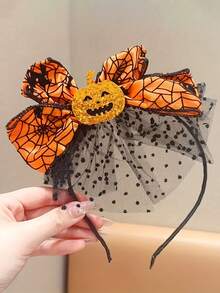 Halloween Party Accessories, Includes 1 Halloween Pumpkin Headpiece Decorated With Orange Spider Web Bow, Suitable For All Genders, Made Of Resin And Mesh Material, Perfect For Holiday Costumes And Photography Props - Multicolor - View 5