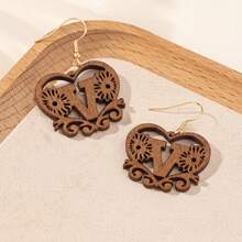 Women's Personalized Initial Wooden Earrings, Hollow Heart Daisy Flower Pattern 26 Letter Dangle Earrings - Brown - View 21