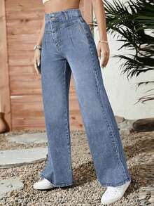 Double Button Straight Leg Wide Leg Plus Size Women's Jeans Thin Solid Color Denim Washed Denim Straight Leg Wide Leg Plus Size Women's Jeans Holiday School Home All Seasons - Blue - View 1