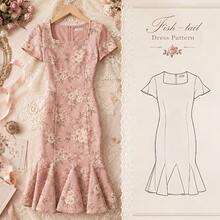 French Square Neck Short Sleeve Floral Fishtail Dress Cutting Pattern, Kraft Paper Pattern, Suitable For Beginners To Sew, Includes Complete Sewing Tutorial, Waist-Cinching Slim Fit, Hip-Hugging, Large Flared Fishtail Midi Dress Handmade Cutting Pattern - Multicolor - View 8