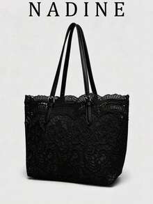 Lace Fairy Style Women's Tote Bag, New Casual Commute Large Capacity Handbag Shoulder Bag - Black - View 6
