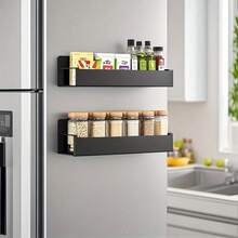 1/2pcs Magnetic Side Storage Rack, Suitable For Refrigerator And Washing Machine, No Drilling Required, Stylish Black Metal Surface, Wall-Mounted Spice Rack, Perfect For Storing Laundry Supplies - Multicolor - View 5