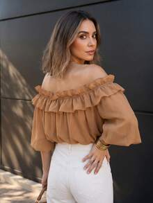 1pc Women's New Solid Color Chiffon Puff Sleeve Off-Shoulder Blouse, Pleated Ruffle Trim, Casual Vacation Beach Party Daily Wear, Spring/Summer - Mocha Brown - View 3
