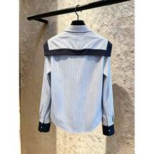 Women Striped Lapel Long Sleeve Shirt, Casual Office Blouse - Blue - View 2