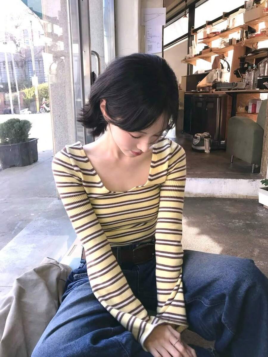 Women's Striped Knit Pullover Sweater, Long Sleeve, Medium Stretch, Regular Fit, Suitable For Casual Wear In Autumn/Winter - Champagne - View 1