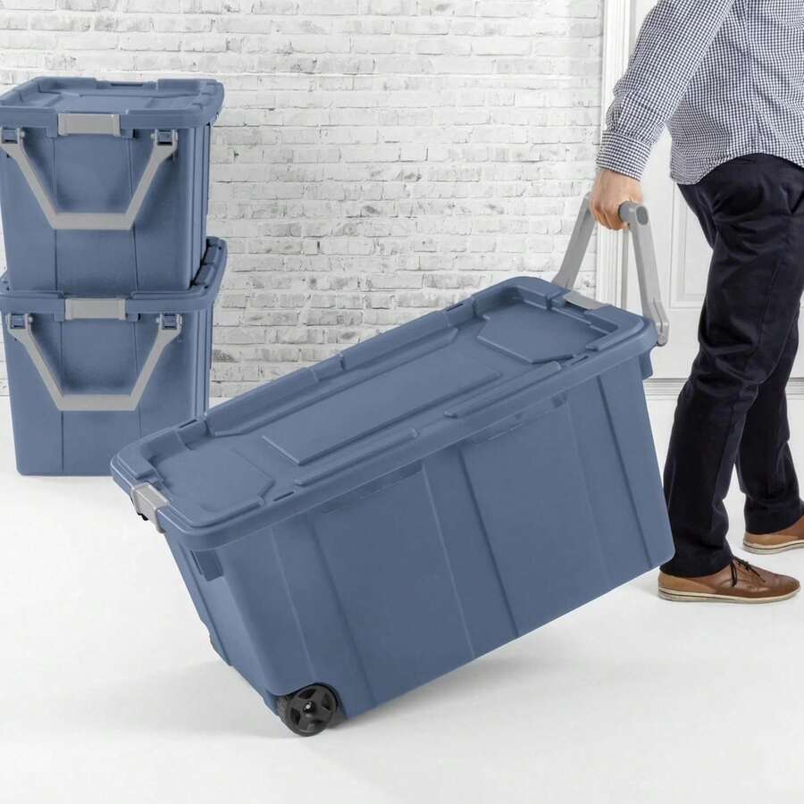 Heavy-Duty 40 Gallon Rolling Storage Bins, Blue Industrial Plastic With Pivot Handle, Leakproof Lid And Latches, 2-Pack - Blue - View 1