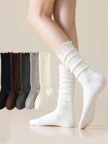 1/5 Pairs Women's Calf Socks, Autumn Solid Color Slimming Leg-Flattering High-Top Slouchy Socks, Pair With Skirts, Versatile Styling - Multicolor - View 1
