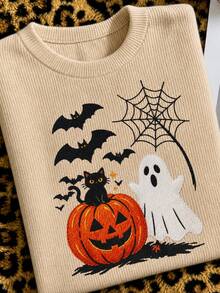 Fall Halloween Pumpkin Ghost Black Cat Graphic Sweatshirt, Crew Neck Loose Long Sleeve Casual Spider Web Bat Pattern Pullover Top - Multicolor - View 2