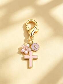 1pc New 26 English Letter Optional Enamel Drip Oil Cross & Cherry Blossom Pendant, Gold Lobster Clasp Detachable Bag Charm, Girls' Portable Key Decoration Small Gift - Pink - View 26