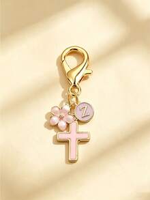 1pc New 26 English Letter Optional Enamel Drip Oil Cross & Cherry Blossom Pendant, Gold Lobster Clasp Detachable Bag Charm, Girls' Portable Key Decoration Small Gift - Pink - View 19