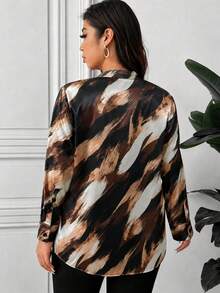 Women's Plus Size Elegant Artistic Print Button Long Sleeve Blouse, Suitable For Autumn Daily Wear And Fashion Commute Top - Chocolate Brown - View 2