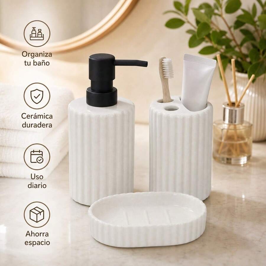 3-Piece Ceramic Bathroom Accessory Set With Soap Dispenser, Toothbrush Holder And Soap Dish, Modern Ribbed Design For Vanity Organization - White - View 1