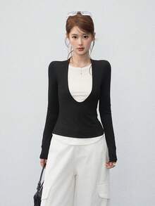 Kaos Lengan Panjang 2 In 1 Motif Blok Warna untuk Wanita, Gaya Korea Musim Semi, Atasan Kasual Pas Badan yang Melangsingkan Pinggang - Hitam dan Putih - View 5