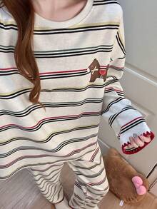 2pcs/Set Women's Pajamas Homewear Set, Cute Pony Striped Print Pullover Round Neck Long Sleeve Pants, Comfortable For Home - Grey - View 7