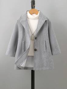 Jaket Wol Kasual Lengan Panjang Kerah Warna Polos Musim Semi/Gugur untuk Anak Laki-Laki, Gaya Inggris, Pakaian Luar Sehari-hari untuk Anak-Anak - Grey - View 1