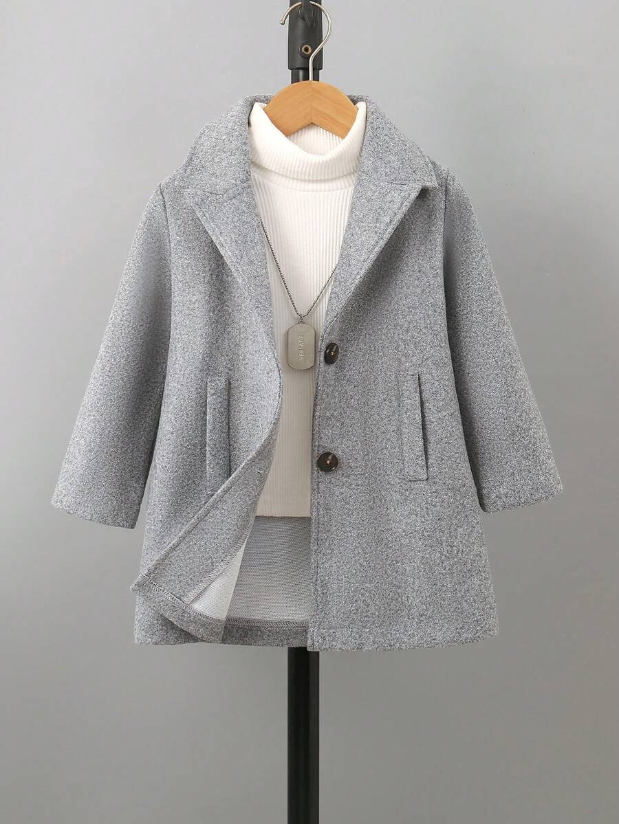 Jaket Wol Kasual Lengan Panjang Kerah Warna Polos Musim Semi/Gugur untuk Anak Laki-Laki, Gaya Inggris, Pakaian Luar Sehari-hari untuk Anak-Anak - Grey - View 1
