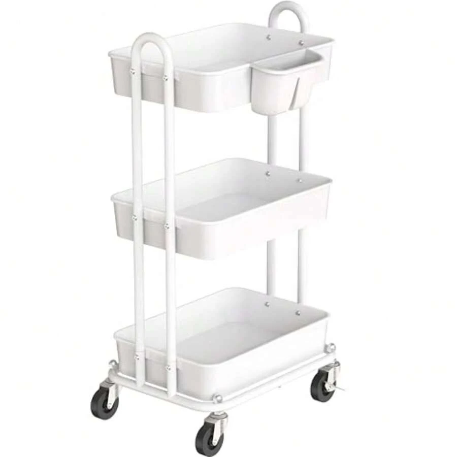 Rolling Utility Cart With Hanging Bucket, Storage For Bathroom, Kitchen, Office, Study Room, Nursery Diaper - White - View 1