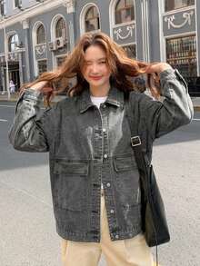 Women's Loose Fit Solid Color Denim Jacket - Grey - View 8