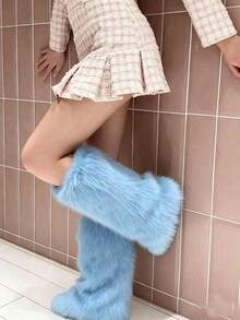 1pair Ladies Fur Long Boot Leggings With Protection YK2 Thermal Socks, In Yellow/Green/Blue/Orange/Black/White/Red/Pink/Purple (9 Colors) - Multicolor - View 21