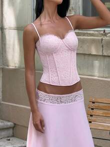 Floral Print Elegant Lace Patchwork 2 Pieces Set, Wedding Pink Summer - Pink - View 5