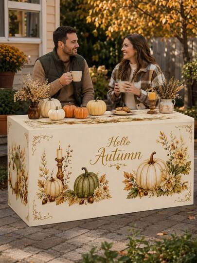 1pc Beige Pumpkin Floral Tablecloth, Farmhouse Style Polyester Rectangular 3-Sided Table Skirt Cover With Open Back Design, Suitable For Wedding Decor, Autumn Home Decor, Kitchen Dining Room, Home Decor, Outdoor Decor, Thanksgiving, Indoor Decor