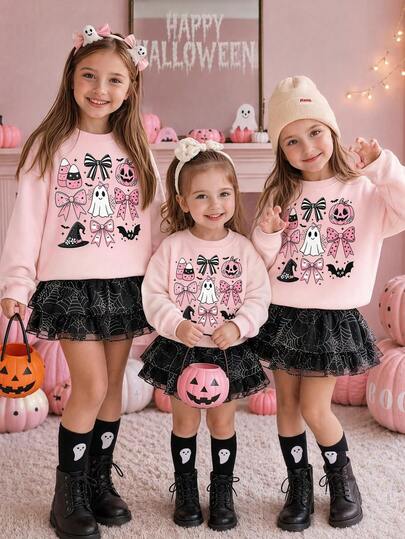 Halloween Teen Girls Cartoon Ghost & Bow Pumpkin Print Crew Neck Loose Sweatshirt, Cute Autumn/Winter Top, Cool Girl Preppy Style