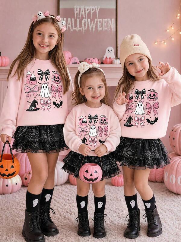 Sweatshirt Longgar Leher Bulat Motif Hantu Kartun dan Pita untuk Remaja Perempuan Bertema Halloween, Atasan Musim Gugur/Dingin yang Lucu, Gaya Preppy untuk Gadis Keren