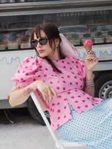 GMFP Pink Polka Dot Round Neck Puff Sleeve Waist-Cinching Cropped Backless Top, Date Independence Day World Cup Summer - Pink - View 4
