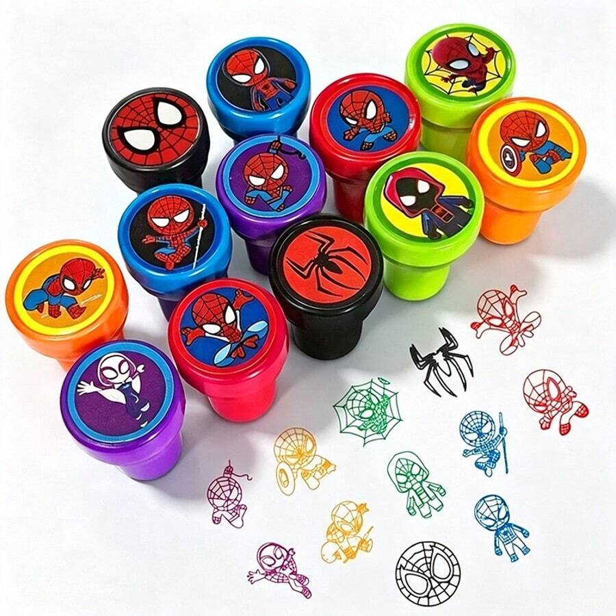 12pcs Superhero S-Pider‑Man Creative Mini Stamp Toy, Multi‑Pattern Drawing Coloring Tool, Teacher Incentive Reward, Back‑To‑School Party Favor - A - View 1