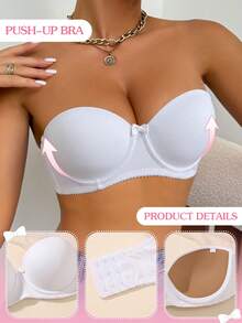 Women's Bandeau Push-Up Bra, Comfortable Breathable Detachable Transparent Shoulder Straps, Underwire Support, Cute Bow Decor - White - View 6